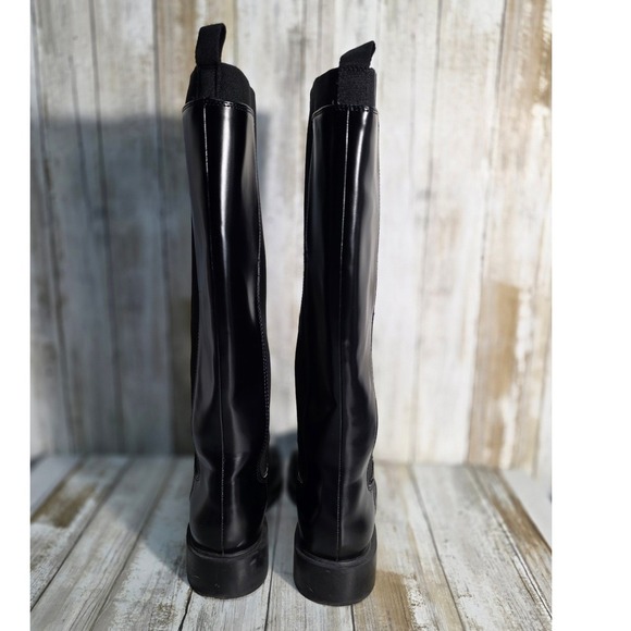 H&M Black Faux Leather Knee High Boots Chunky Sole Elastic Panel Size 38 - Picture 4 of 9